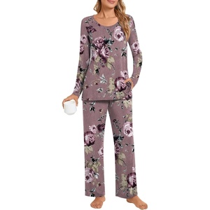 image:imagePOPYOUNG 2 Piece Womens Fall Pajama Sets Crewneck Long Sleeve Pjs Sets with PocketsBean Rose Red
