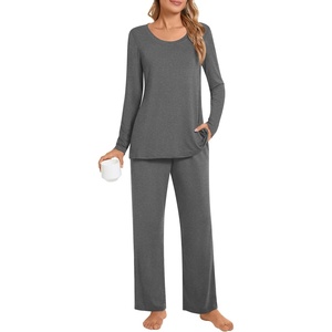 image:imagePOPYOUNG 2 Piece Womens Fall Pajama Sets Crewneck Long Sleeve Pjs Sets with PocketsDark Grey