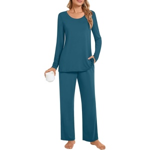 image:imagePOPYOUNG 2 Piece Womens Fall Pajama Sets Crewneck Long Sleeve Pjs Sets with PocketsGrey Blue