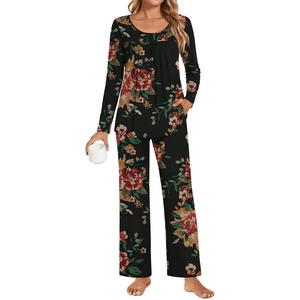 image:imagePOPYOUNG Womens Pajama Set 2 Pieces Fall Long Sleeve Pjs Winter Ladies Pajamas Lounge Sleepwear with PocketsFloral Brownblacka