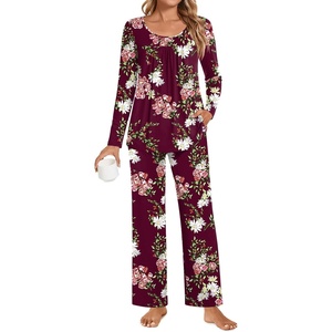 image:imagePOPYOUNG Womens Pajama Set 2 Pieces Fall Long Sleeve Pjs Winter Ladies Pajamas Lounge Sleepwear with PocketsFloral Wine