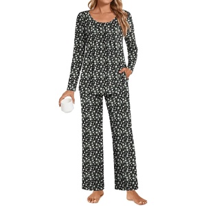 image:imagePOPYOUNG Womens Pajama Set 2 Pieces Fall Long Sleeve Pjs Winter Ladies Pajamas Lounge Sleepwear with PocketsWhite Daisy Black