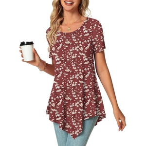 image:imagePOPYOUNG Womens Short Sleeve Tunic Tops Summer Asymmetrical Hem CrewNeck Swing ShirtsPlum Blossomred