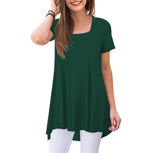image:imagePOPYOUNG Womens Short Sleeve Tunic Tops Summer Asymmetrical Hem CrewNeck Swing ShirtsSquare Neckdark Green