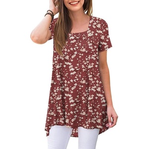 image:imagePOPYOUNG Womens Short Sleeve Tunic Tops Summer Asymmetrical Hem CrewNeck Swing ShirtsSquare Neckplum Blossomred