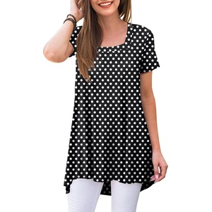 image:imagePOPYOUNG Womens Short Sleeve Tunic Tops Summer Asymmetrical Hem CrewNeck Swing ShirtsSquare Neckpolka Dot Black