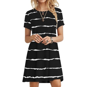image:imagePOPYOUNG Womens T Shirt Summer Dress Short Sleeve Casual Swing Dress with Pockets Loose Fit DressCrewneck Dressstripe Black