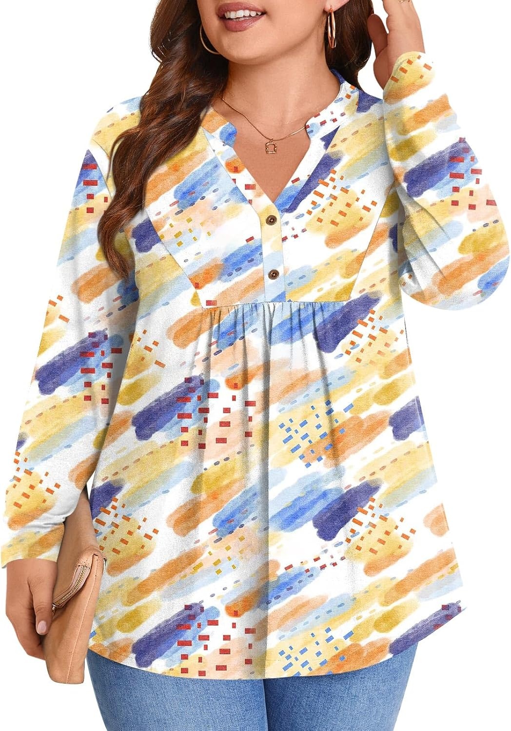 image:imagePOPYOUNG Womens Plus Size Henley Tunic Tops Chic V Neck Button Shirt Casual Long Sleeve Pleated Blouse L4XLColorful Marker