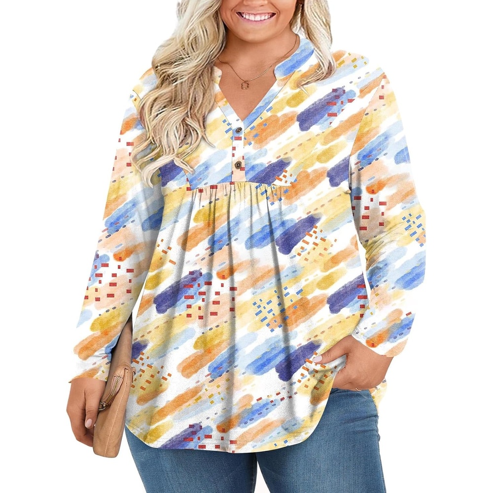 image:imagePOPYOUNG Womens Plus Size Henley Tunic Tops Chic V Neck Button Shirt Casual Long Sleeve Pleated Blouse L4XLColorful Marker