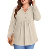 image:imagePOPYOUNG Womens Plus Size Henley Tunic Tops Chic V Neck Button Shirt Casual Long Sleeve Pleated Blouse L4XL02beige