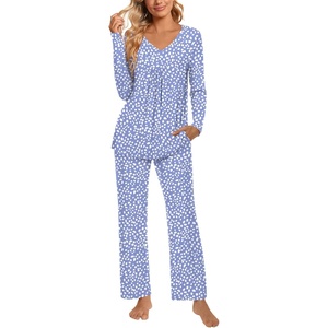 image:imagePOPYOUNG 2 Piece Womens Fall Pajama Sets V Neck Long Sleeve Lounge Sleepwear Pjs Sets with PocketsA1pjspot Blue
