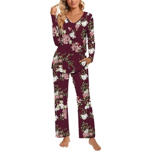 image:imagePOPYOUNG 2 Piece Womens Fall Pajama Sets V Neck Long Sleeve Lounge Sleepwear Pjs Sets with PocketsFloral Wine