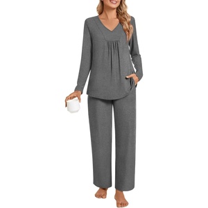 image:imagePOPYOUNG 2 Piece Womens Fall Pajama Sets V Neck Long Sleeve Lounge Sleepwear Pjs Sets with PocketsPjdark Grey