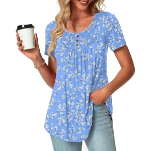 image:imagePOPYOUNG Summer Womens Tunic Tops Loose Fit dressy Casual Short Sleeve Shirts to Wear with LeggingsA2blue White Flower