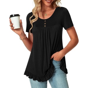 image:imagePOPYOUNG Tunic Tops for Women Dressy Loose Fit Casual Short Sleeve Long Shirts Ruffled Hem Blouse wear with Leggings