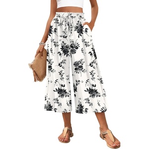 image:imagePOPYOUNG Womens Capri Pant Dressy Casual Wide Leg Palazzo Pants Flowy Gaucho Pants Drawstring Trousers with Pockets01black Flower White