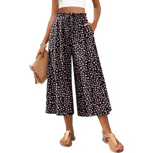 image:imagePOPYOUNG Womens Capri Pant Dressy Casual Wide Leg Palazzo Pants Flowy Gaucho Pants Drawstring Trousers with PocketsBlack Mix Floral