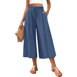 image:imagePOPYOUNG Womens Capri Pant Dressy Casual Wide Leg Palazzo Pants Flowy Gaucho Pants Drawstring Trousers with PocketsBlue