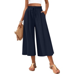 image:imagePOPYOUNG Womens Capri Pant Dressy Casual Wide Leg Palazzo Pants Flowy Gaucho Pants Drawstring Trousers with PocketsDark Blue