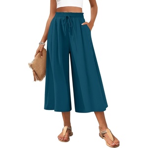image:imagePOPYOUNG Womens Capri Pant Dressy Casual Wide Leg Palazzo Pants Flowy Gaucho Pants Drawstring Trousers with PocketsGrey Blue