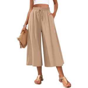 image:imagePOPYOUNG Womens Capri Pant Dressy Casual Wide Leg Palazzo Pants Flowy Gaucho Pants Drawstring Trousers with PocketsKhaki