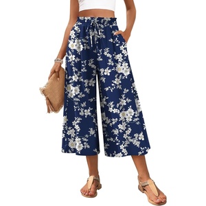 image:imagePOPYOUNG Womens Capri Pant Dressy Casual Wide Leg Palazzo Pants Flowy Gaucho Pants Drawstring Trousers with PocketsWhite FlowersBlue