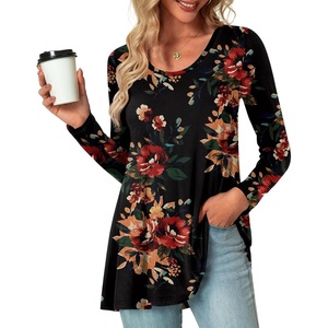 image:imagePOPYOUNG Womens Long Sleeve Tunic Tops Fall Long Shirts to Wear with Leggings Loose Fit Dressy Crewneck BlouseCrewneckbrown Floral Black