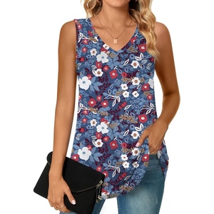image:imagePOPYOUNG Womens Long Tunic Tank to Wear with Leggings Summer VNeck Sleeveless Tops Loose ShirtsSleevelesscolorful Flowersblue