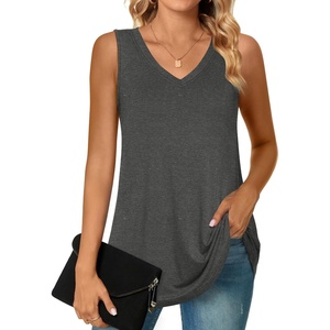 image:imagePOPYOUNG Womens Long Tunic Tank to Wear with Leggings Summer VNeck Sleeveless Tops Loose ShirtsSleevelessdark Gray
