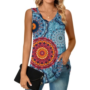 image:imagePOPYOUNG Womens Long Tunic Tank to Wear with Leggings Summer VNeck Sleeveless Tops Loose ShirtsSleevelessfloral Mixed Blue