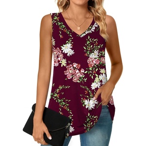 image:imagePOPYOUNG Womens Long Tunic Tank to Wear with Leggings Summer VNeck Sleeveless Tops Loose ShirtsSleevelessfloral Wine