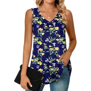 image:imagePOPYOUNG Womens Long Tunic Tank to Wear with Leggings Summer VNeck Sleeveless Tops Loose ShirtsSleevelesslilium Minornavy Blue