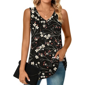 image:imagePOPYOUNG Womens Long Tunic Tank to Wear with Leggings Summer VNeck Sleeveless Tops Loose ShirtsSleevelessplum Blossomblack