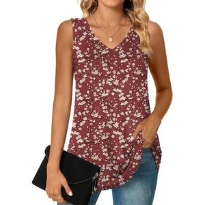 image:imagePOPYOUNG Womens Long Tunic Tank to Wear with Leggings Summer VNeck Sleeveless Tops Loose ShirtsSleevelessplum Blossomred