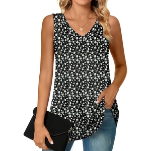 image:imagePOPYOUNG Womens Long Tunic Tank to Wear with Leggings Summer VNeck Sleeveless Tops Loose ShirtsSleevelesswhite Daisyblack