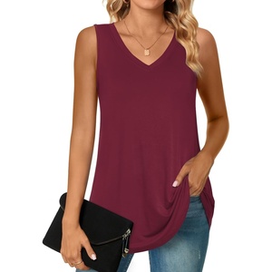 image:imagePOPYOUNG Womens Long Tunic Tank to Wear with Leggings Summer VNeck Sleeveless Tops Loose ShirtsSleevelesswine Red