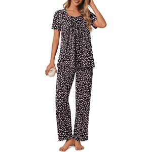 image:imagePOPYOUNG Womens Pajama Sets Summer Ladies Pjs 2 Piece Short SLeeve Loungewear Soft Lightweight SleepwearFloral Black
