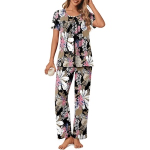 image:imagePOPYOUNG Womens Pajama Sets Summer Ladies Pjs 2 Piece Short SLeeve Loungewear Soft Lightweight SleepwearPinkbrown Leaf