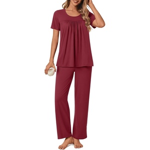 image:imagePOPYOUNG Womens Pajama Sets Summer Ladies Pjs 2 Piece Short SLeeve Loungewear Soft Lightweight SleepwearWine Red