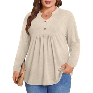 image:imagePOPYOUNG Womens Plus Size Henley Tunic Tops Chic V Neck Button Shirt Casual Long Sleeve Pleated Blouse L4XL02beige