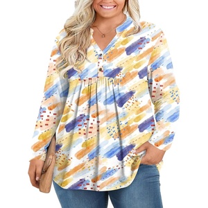 image:imagePOPYOUNG Womens Plus Size Henley Tunic Tops Chic V Neck Button Shirt Casual Long Sleeve Pleated Blouse L4XLColorful Marker