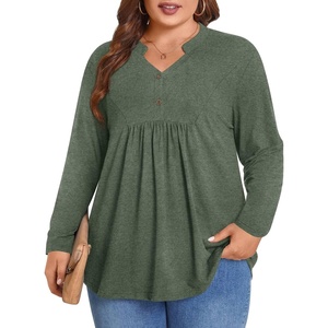 image:imagePOPYOUNG Womens Plus Size Henley Tunic Tops Chic V Neck Button Shirt Casual Long Sleeve Pleated Blouse L4XLDark Green