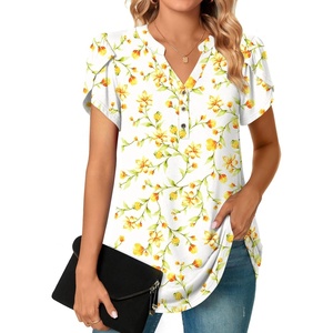 image:imagePOPYOUNG Womens Tunic Summer Tops Dressy Henley V Neck Business Work Button Down Petal Sleeve BlousesApricot Flowers