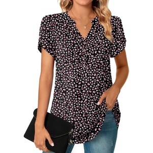image:imagePOPYOUNG Womens Tunic Summer Tops Dressy Henley V Neck Business Work Button Down Petal Sleeve BlousesBlack Floral Fragments