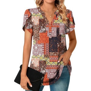 image:imagePOPYOUNG Womens Tunic Summer Tops Dressy Henley V Neck Business Work Button Down Petal Sleeve BlousesColor Mixing