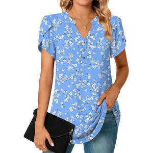image:imagePOPYOUNG Womens Tunic Summer Tops Dressy Henley V Neck Business Work Button Down Petal Sleeve BlousesLight Blue White Flowers