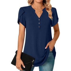 image:imagePOPYOUNG Womens Tunic Summer Tops Dressy Henley V Neck Business Work Button Down Petal Sleeve BlousesNavy Blue
