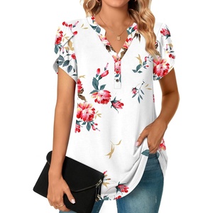 image:imagePOPYOUNG Womens Tunic Summer Tops Dressy Henley V Neck Business Work Button Down Petal Sleeve BlousesRose Gold Leaves  White