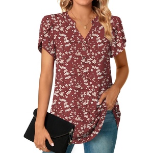 image:imagePOPYOUNG Womens Tunic Summer Tops Dressy Henley V Neck Business Work Button Down Petal Sleeve BlousesVermilion Plum Blossom