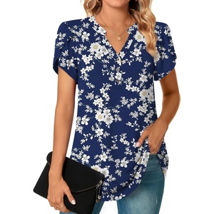 image:imagePOPYOUNG Womens Tunic Summer Tops Dressy Henley V Neck Business Work Button Down Petal Sleeve BlousesWhite Flowers